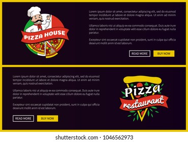 Pizza house and restaurant promotional banners set. Italian delicious pizza internet website for online orders with sample text vector illustrations.