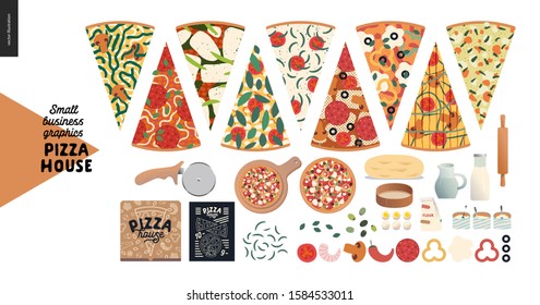 Pizza house -small business graphics -product range. Modern flat vector concept illustrations -pizza slices, delivery box, topping, dough, roller, menu on blackboard, rolling pin, flour, eggs, sieve