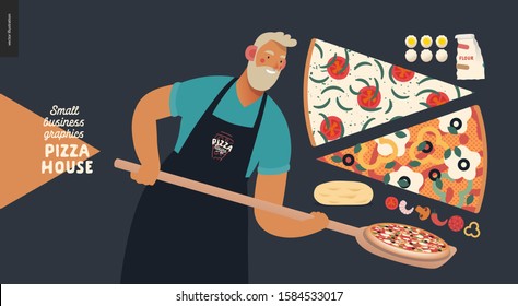 Pizza house -small business graphics -baker. Modern flat vector concept illustrations -a bearded man wearing a black branded apron with a wooden peel, putting pizza into the oven, slices, ingredients