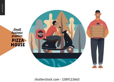 Pizza house - small business graphics - deliveryweb icon. Modern flat vector concept illustrations - web icon catering - badge with a pizza guy on a scooter riding at park, man wearing uniform, boxes