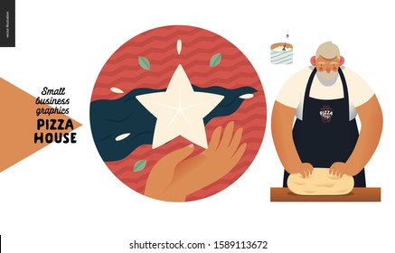 Pizza house - small business graphics - mission web icon. Modern flat vector concept illustrations - web icon - badge with a star, flag and a hand. Bearded baker wearing apron kneading dough
