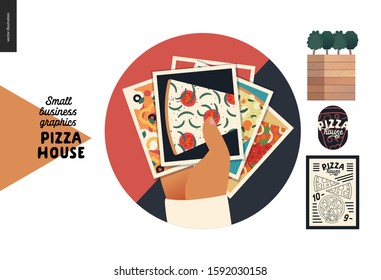 Pizza house - small business graphics - gallery web icon. Modern flat vector concept illustrations - web icon - badge with a hand holding stack of photo pictures, menu, logo, plant in the wooden box