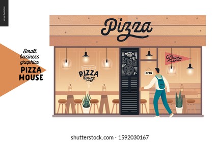 Pizza house - small business graphics - restaurant facade. Modern flat vector concept illustrations - man entering into a pizzeria, shop front, windows and entrance. Blackboard with chalk lettering