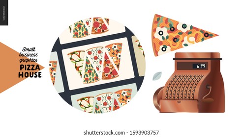 Pizza house - small business graphics - gift cards web icon. Modern flat vector concept illustrations - web icon - badge with house gift cards, pizza slice, vintage copper cash register
