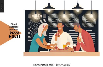 Pizza house - small business graphics - customers. Modern flat vector concept illustrations - restaurant visitors friends eating pizza at the table under the lamps, menu chalk on the blackboard behind