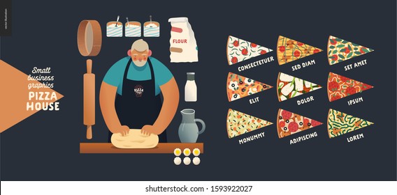 Pizza house -small business graphics -baker. Modern flat vector concept illustrations -a bearded man wearing a black branded apron kneadding the dough, ingredients, rolling pin, sieve, dough, topping