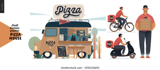 Pizza house - small business graphics - delivery. Modern flat vector concept illustrations of a street food truck with a seller inside, pavement sign. Pizza guy, transportation by bicycle and scooter