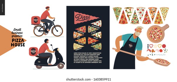 Pizza house -small business graphics -baker and delivery. Modern flat vector concept illustrations -man with a peel, putting pizza into oven, slices, ingredients, poster. Pizza guy on bicycle, scooter