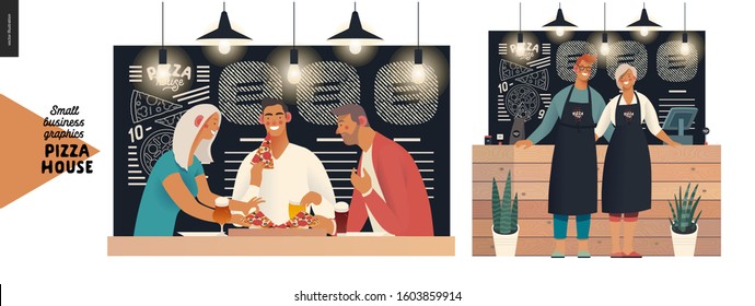 Pizza house -small business graphics -visitors and owners. Modern flat vector concept illustrations - man and woman wearing aprons at the wooden counter, blackboard, chalk lettering, customers