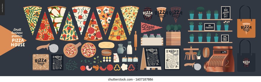 Pizza house -small business graphics -product range. Modern flat vector concept illustrations -pizza slices, delivery box, topping, dough, roller, menu on blackboard, rolling pin, flour, eggs, sieve