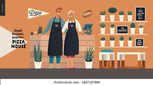 Pizza house - small business graphics - owners. Modern flat vector concept illustrations - man and woman wearing aprons standing at the wooden counter, interior decoration - shelves, furniture, plants