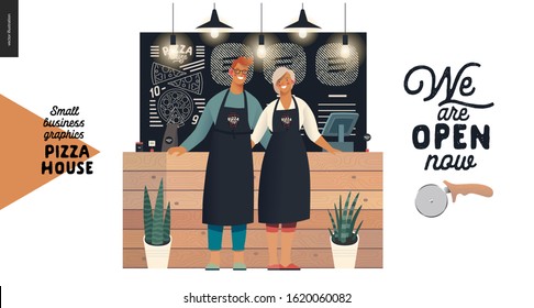 Pizza house -small business graphics -owners. Modern flat vector concept illustrations - man and woman wearing aprons at the wooden counter, interior decoration -blackboard, chalk lettering, plants