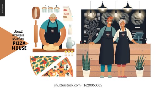 Pizza house -small business graphics -baker and owners. Modern flat vector concept illustrations -baker kneading dough, process, man and woman wearing aprons, blackboard, chalk lettering, pizza slices