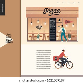 Pizza house - small business graphics - landing page design template. Modern flat vector concept illustrations - visitor, entrance, window, facade. A pizza guy on bicycle, delivery
