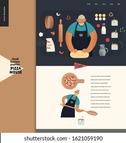 Pizza house - small business graphics - landing page design template. Modern flat vector concept illustrations - a pizza production process. Baker kneading dough, with peel putting pizza into the oven