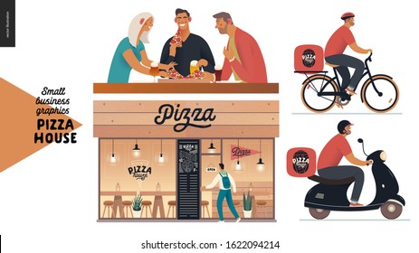 Pizza house - small business graphics - restaurant facade, visitors, delivery. Modern flat vector concept illustrations - shop front, windows and entrance. Visitors. Pizza guy on bicycle, scooter