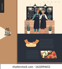 Pizza house - small business graphics - landing page design template. Modern flat vector concept illustrations - owners at the wooden counter, blackboard, chalk lettering, dough, pizza slices