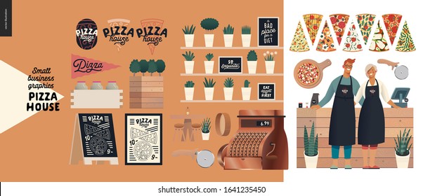 Pizza house -small business graphics -owners. Modern flat vector concept illustrations - man and woman wearing aprons at the wooden counter, interior decoration -blackboard, chalk lettering, plants