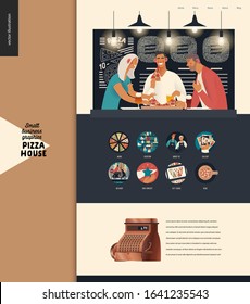 Pizza house -small business graphics - landing page design template. Modern flat vector concept illustrations -visitors eating pizza and drinking beer at the table, icons, vintage copper cash register