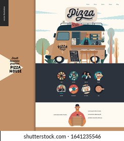 Pizza house - small business graphics - landing page design template. Modern flat vector concept illustrations - food truck at the park, pavement sign, icons. A pizza guy with boxes, delivery