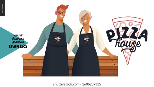 Pizza House -small Business Owners Graphics -owners. Modern Flat Vector Concept Illustrations - Young Woman And Man Wearing Black Aprons, Standing Embracing Together At The Wooden Counter. Shop Logo