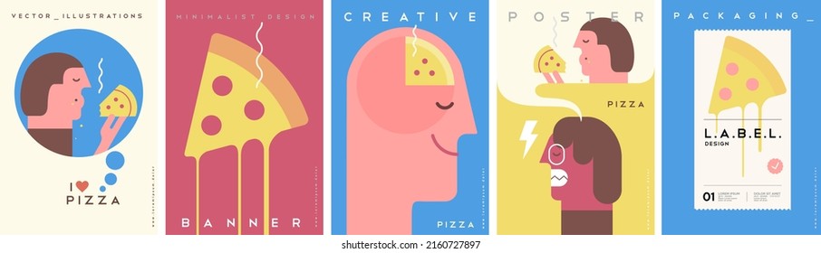 Pizza. Hunger. Fast Food. Hungry And Angry. Set Of Vector Illustrations. Simple, Modern Style. Background For Label. Cover, Poster, Animation.