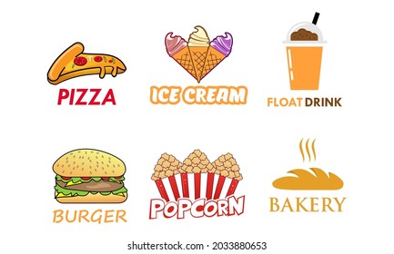 pizza, ice cream, float drink, burger, popcorn, and bakery icon logo template illustration