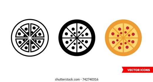 Pizza icon of 3 types: color, black and white, outline. Isolated vector sign symbol.