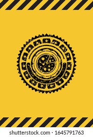 pizza icon black grunge emblem with yellow background. Vector Illustration. Detailed.