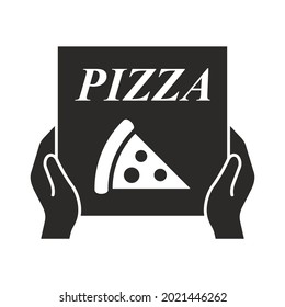 Pizza icon. Pizza box in hands. Food delivery. Vector icon isolated on white background.