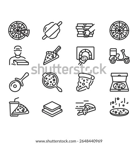 Pizza icon collection. Thin line style vector. Contains icons such as pizza, cutter, grill and more.