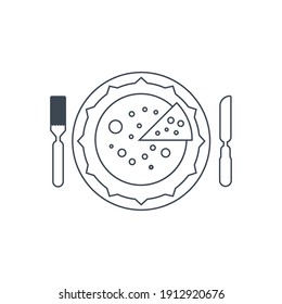 Pizzasymbol. Pizza mit Sauce schneiden, flach, Linie, Farbform, Farbhintergrund Pizza Symbol.