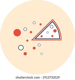 Icono de pizza. Corta pizza con salsa, plana, línea, forma de color, color de fondo icono de pizza.