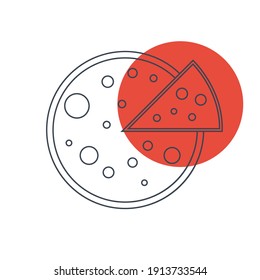 Icono de pizza. Corta pizza con salsa, plana, línea, forma de color, color de fondo icono de pizza.