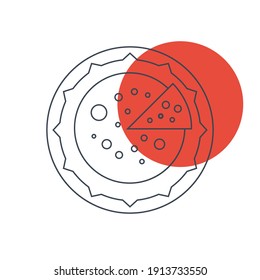Icono de pizza. Corta pizza con salsa, plana, línea, forma de color, color de fondo icono de pizza.