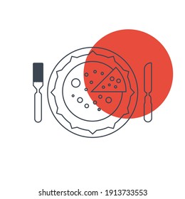 Pizza Icon. Cut pizza with sauce, flat, line, color shape, color background pizza icon.