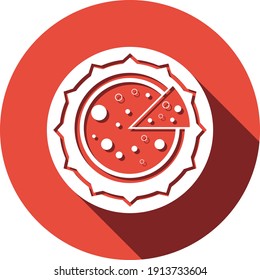 Pizza Icon. Cut pizza with sauce, flat, line, color shape, color background pizza icon.