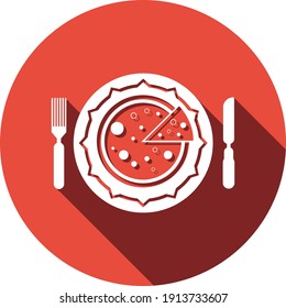Pizza Icon. Cut pizza with sauce, flat, line, color shape, color background pizza icon.