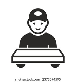 Pizza icon. Delivery boy handing pizza box. Vector icon isolated on white background.