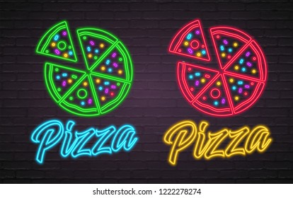 Pizza Icon Different Color Neon Light Glowing Vector Illustration Box Alphabet Yellow Bright