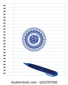 pizza icon emblem drawn with pen. Blue ink. Vector Illustration. Detailed.