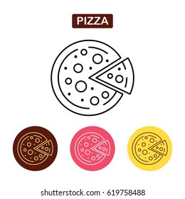 Pizza icon fast food logo. Traditional Italian food sign. Bakery products image. Outline vector illustration. Trendy vector Illustration isolated for graphic web design, for confectionery shop or cafe