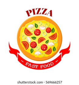 Pizza icon. Fast food snack vector emblem of italian cuisine food. Margherita or Neapolitan pizza with cheese, salami sausage, onion and mushrooms. Fastfood sign for pizzeria menu or delivery