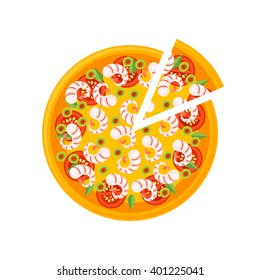  Pizza Icon in a flat style. Pizza with seafood, cheese, tomatoes and olives. Vector illustration.