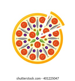 Pizza Icon in a flat style. Pizza with seafood, cheese, tomatoes and olives. Vector illustration.