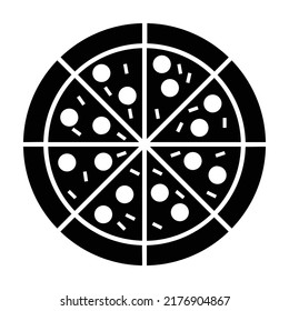 Icono de pizza, negro lleno. Ilustración vectorial, adecuada para el diseño de contenido, afiche, pancarta, menú, publicación en medios sociales o necesidades de edición de video
