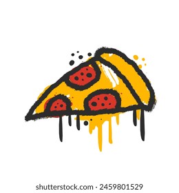 Pizza icon. Grunge street fast food element in y2k urban graffiti style with streaks. Black air sprayed graphic. Spray textured vector illustration for t-shirts; banners; labels; cover; print