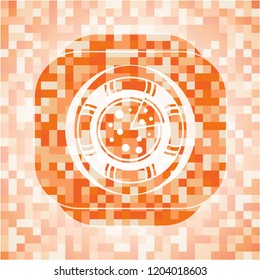 pizza icon inside abstract emblem, orange mosaic background