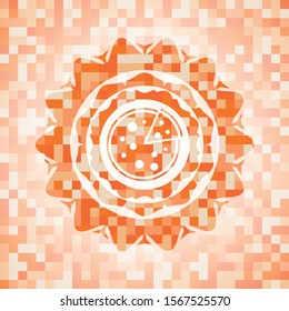 pizza icon inside abstract emblem, orange mosaic background