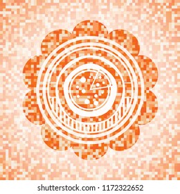 pizza icon inside abstract orange mosaic emblem with background